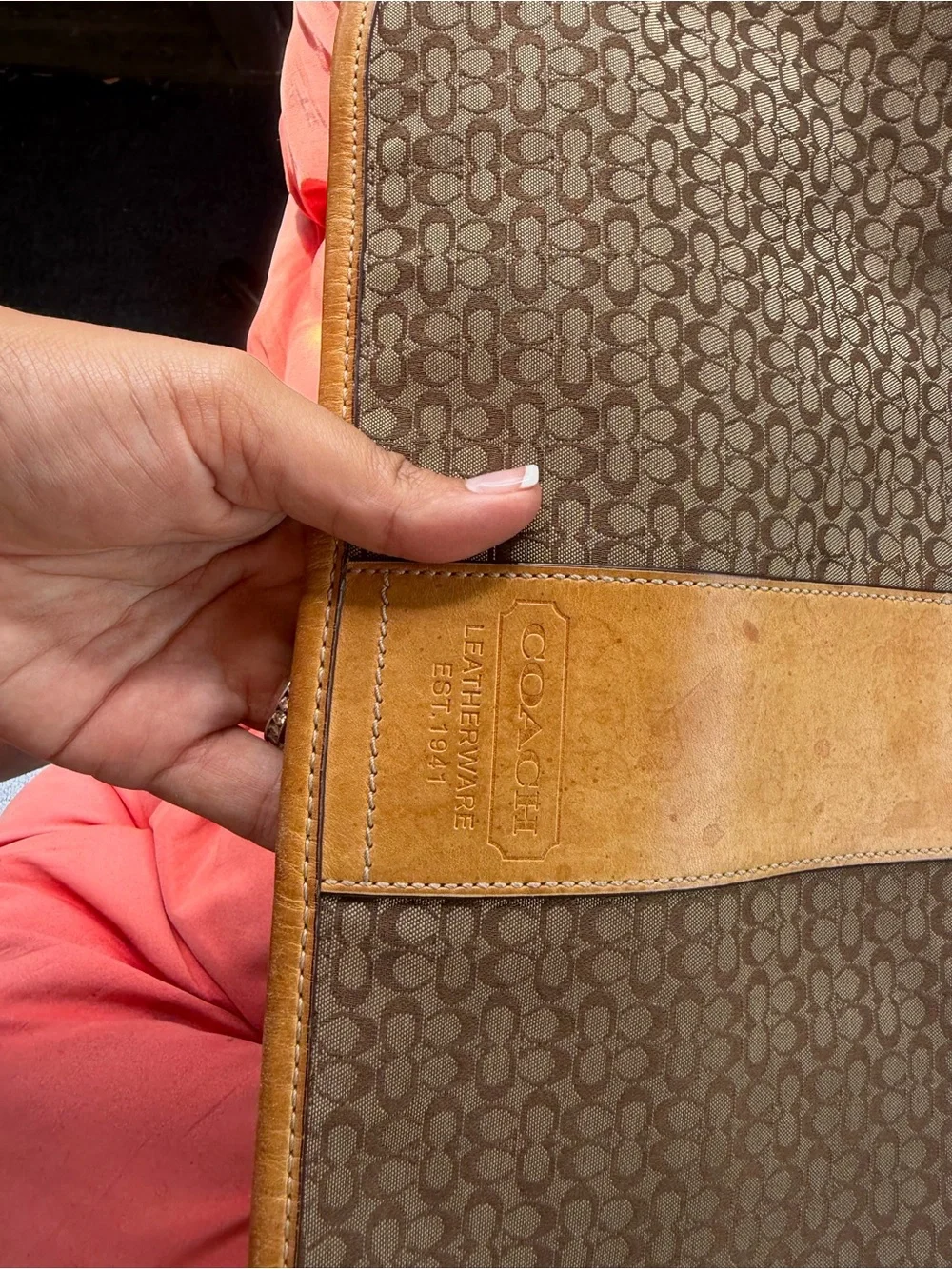 Coach Brown Signature Canvas Messenger with Tan Leather Stripe